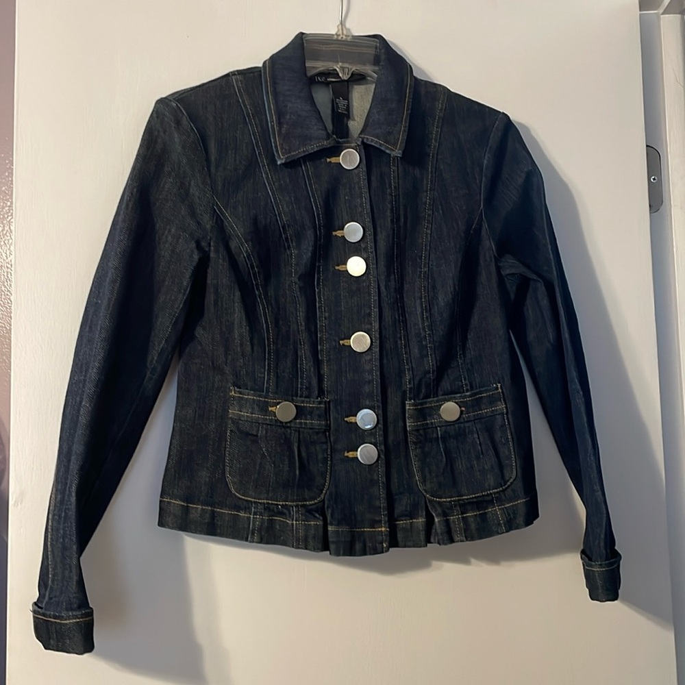 I.N.C dark button down collared denim short jacket with gathered back Size Small